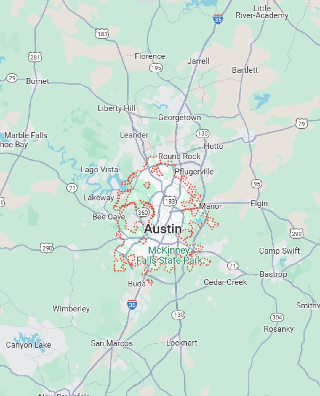 Detailed Alpha Septic service area map for Central Texas, including Leander, Austin, Cedar Park, and Round Rock